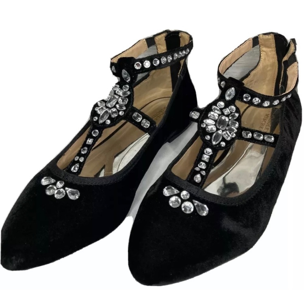 Badgley Mischka TEERA T GEM Black Velvet Jeweled Flats Ankle Straps Women’s 5 - Picture 2 of 12